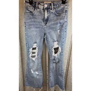 Risen Jeans Distressed‎ Cropped Flare Raw Hem Denim Jeans Women's 7 / Waist 28